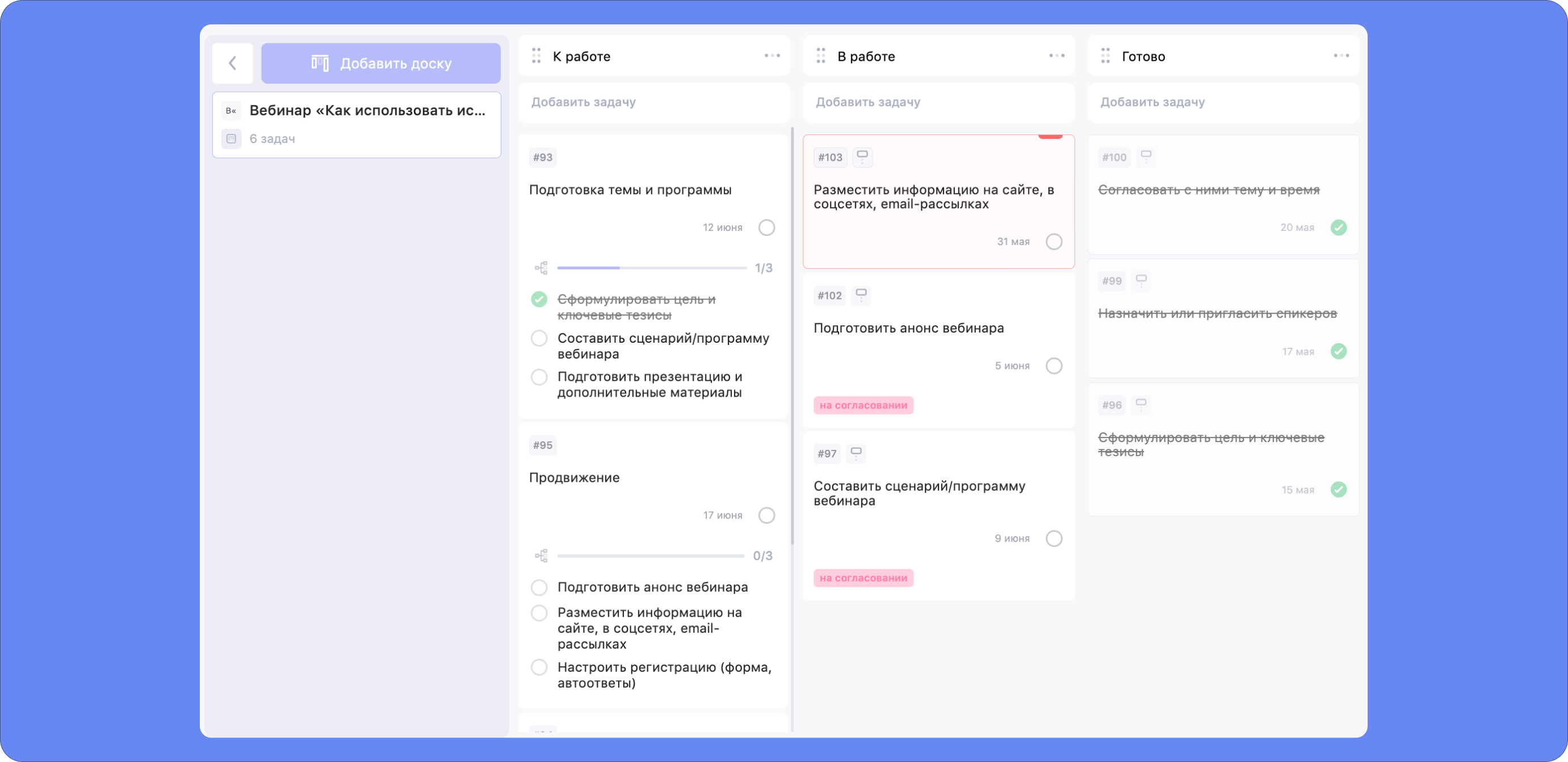 Рабочая область в WEEEK на примере задачи по проведению вебинара Как выстраивать прозрачные процессы в удалённой команде с помощью канбан-досок